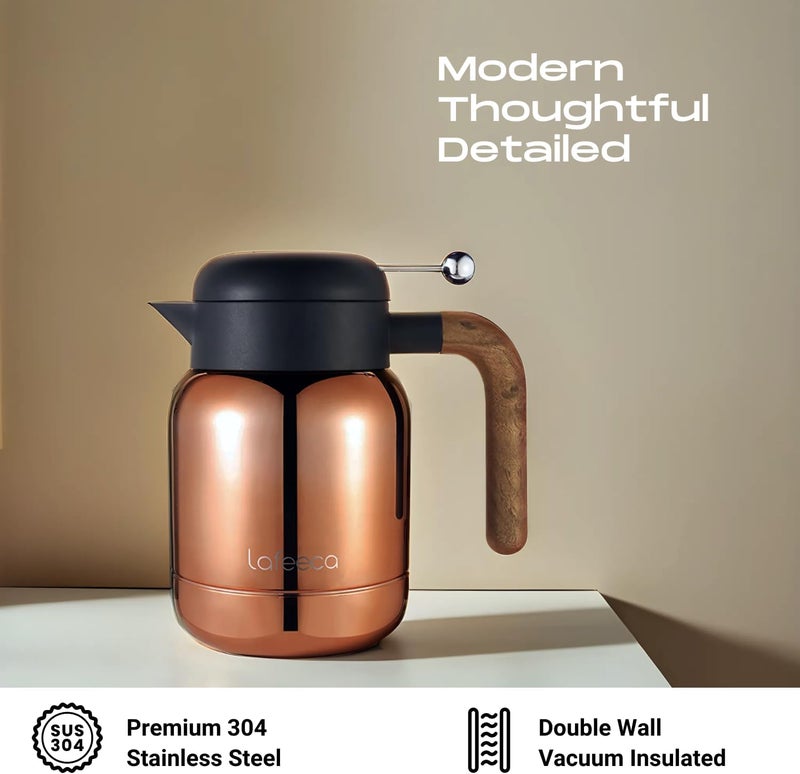 LAFEECA Aura Thermal Coffee Carafe Tea Pot for Keeping Hot & Iced Cold - Vacuum Insulated - Thermos Water Pitcher - Beverage Dispenser - Cool Touch Handle & Lid - BPA Free - 1 Liter - Copper - Image 2